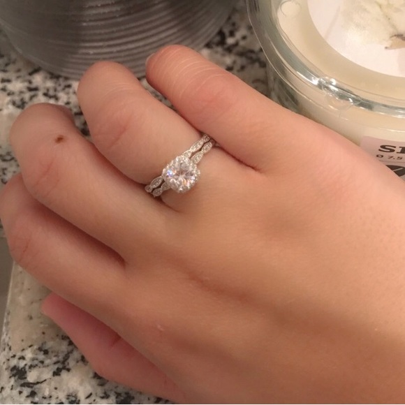 Sterling Silver Cushion Halo Round Engagement Set - Picture 1 of 8
